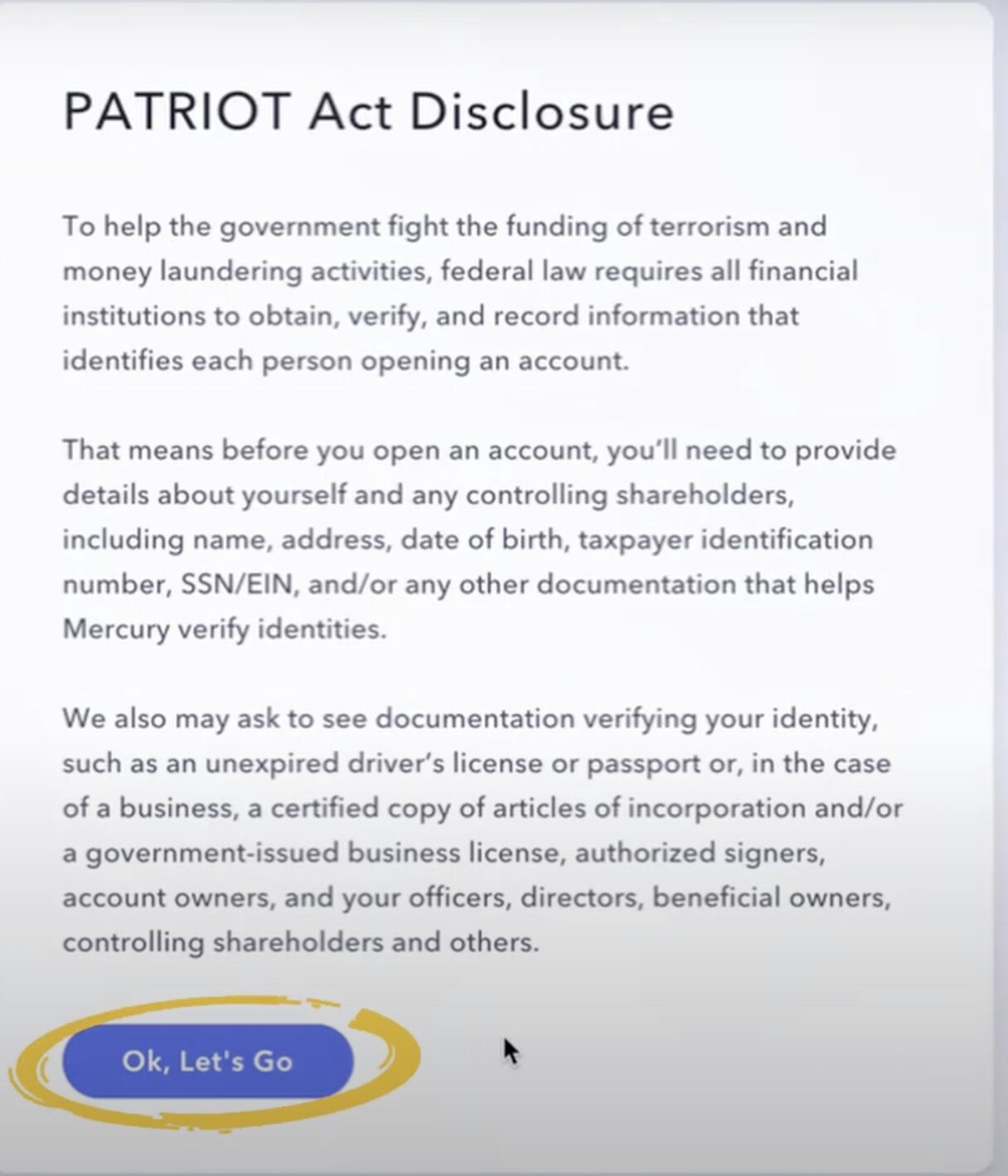 How to open a Mercury bank account PATRIOT act