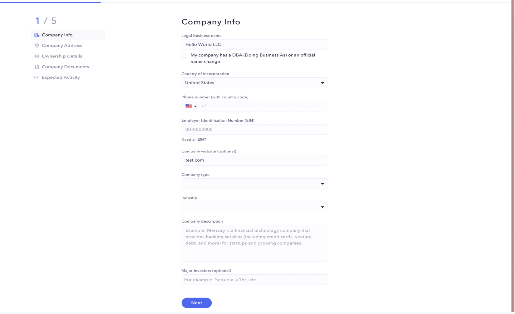 How to open a Mercury bank account company info