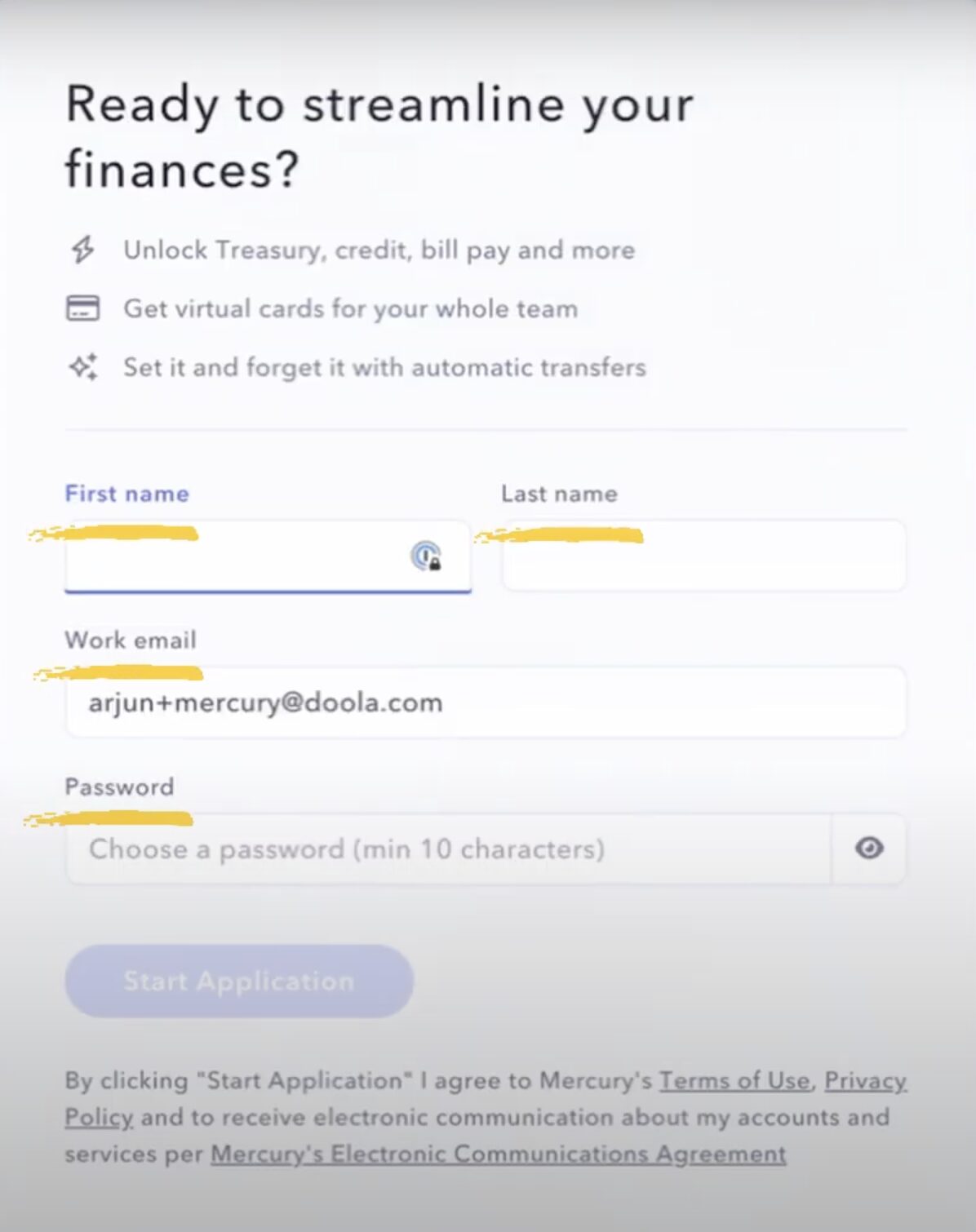How to open a Mercury bank account personal details