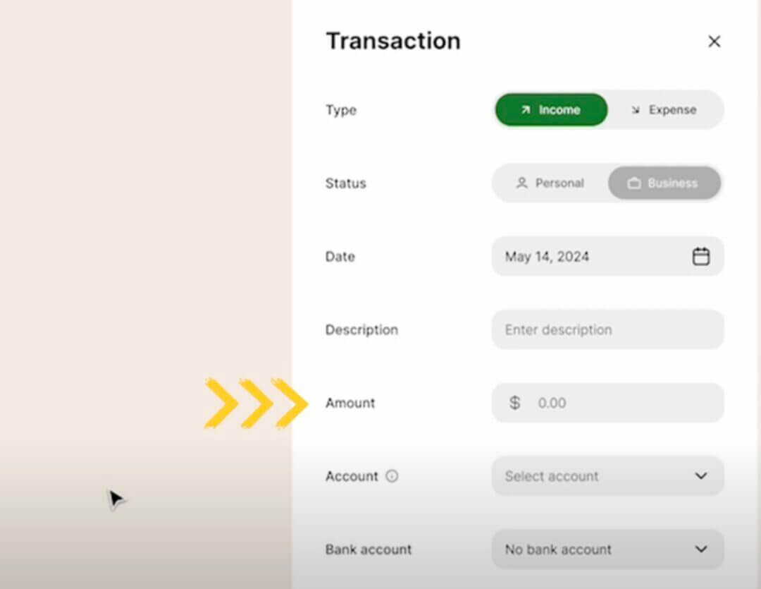 Dashboard Image Displaying Fields to Enter Details Such as Date, Amount, Description, Account, Category, and Client
