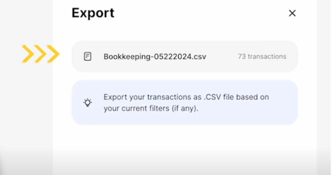 Dashboard Image Demonstrating How to Export Transactions and Download Them as CSV Files