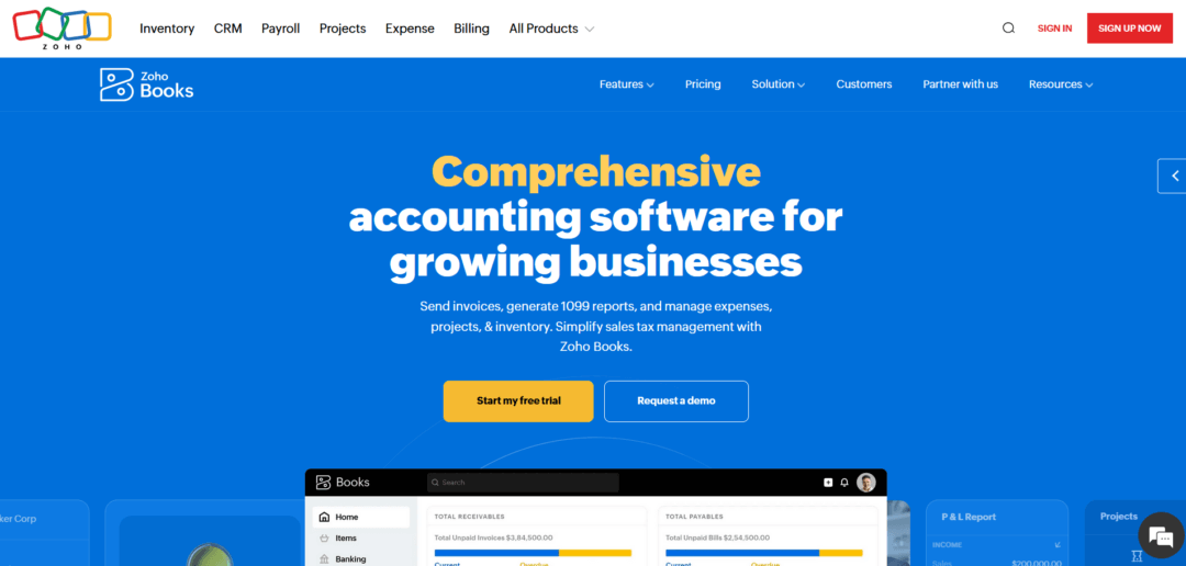 Best accounting software for dropshippers- Zoho Books is a robust online accounting platform built for growing businesses that need more than just basic bookkeeping. From inventory tracking to multi-currency invoicing, it delivers enterprise-level features at small business prices. 