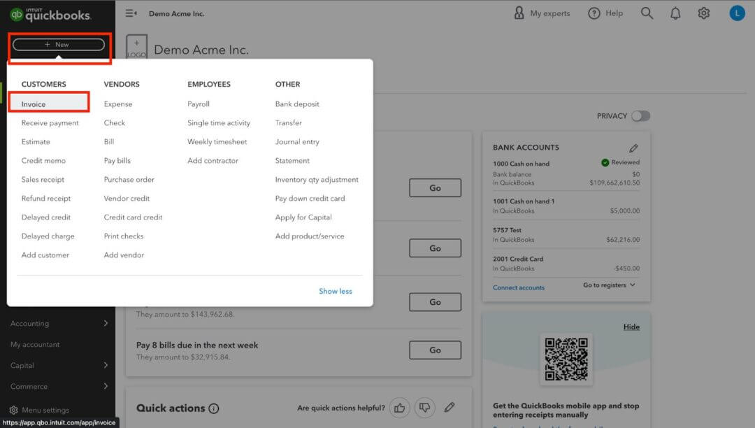 Create and send invoices in quickbooks online