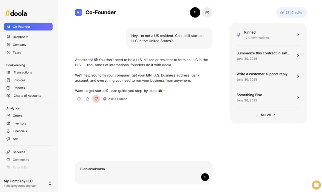 AI Assistants for Startup Founders: doola AI Co-Founder’s home page